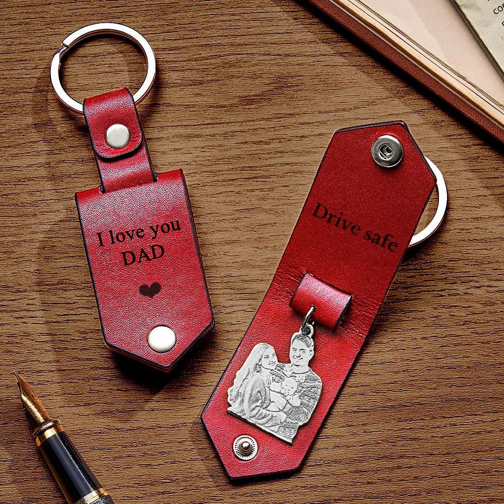 Custom Photo Leather Drive Safe Keychain With Engraved Text Key Ring Annivesary Gifts For Father