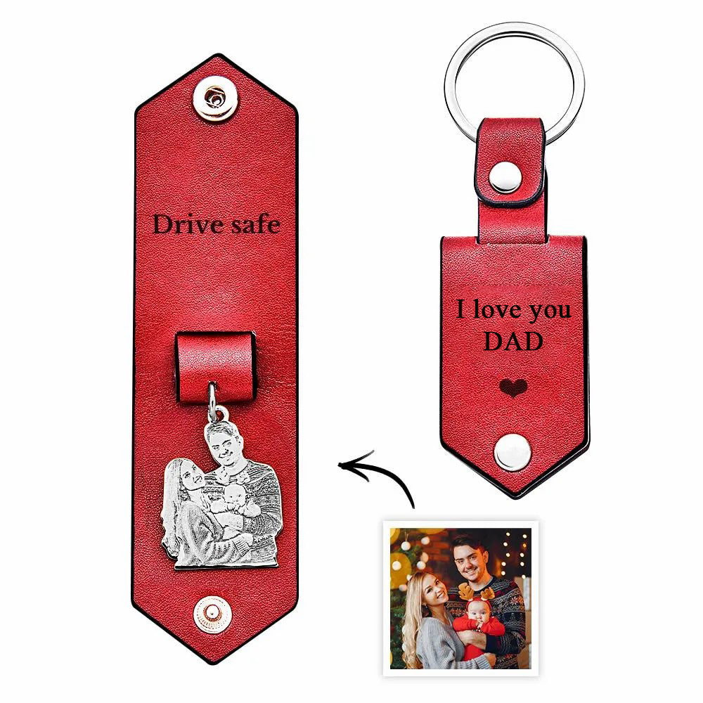 Custom Photo Leather Drive Safe Keychain With Engraved Text Key Ring Annivesary Gifts For Father