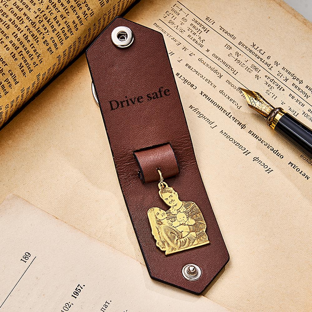 Custom Photo Leather Drive Safe Keychain With Engraved Text Key Ring Annivesary Gifts For Men
