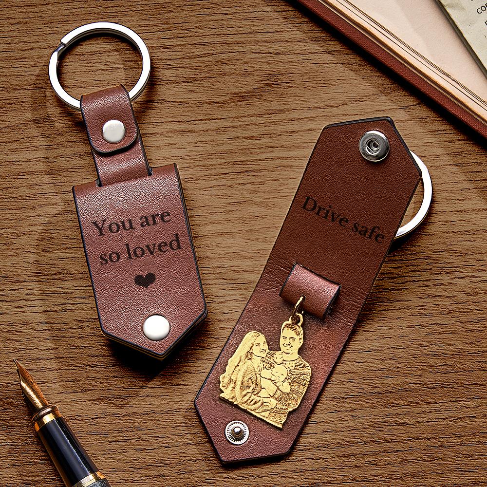 Custom Photo Leather Drive Safe Keychain With Engraved Text Key Ring Annivesary Gifts For Men