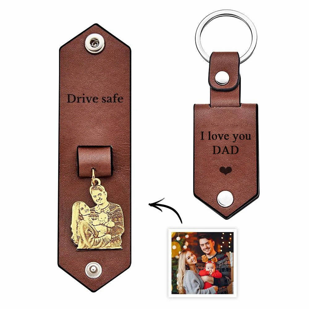 Custom Photo Leather Drive Safe Keychain With Engraved Text Key Ring Annivesary Gifts For Father