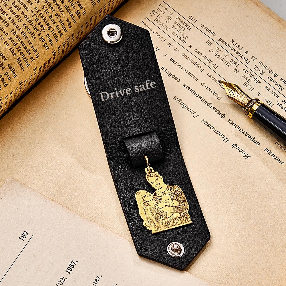 Custom Photo Leather Drive Safe Keychain With Engraved Text Key Ring Annivesary Gifts For Men