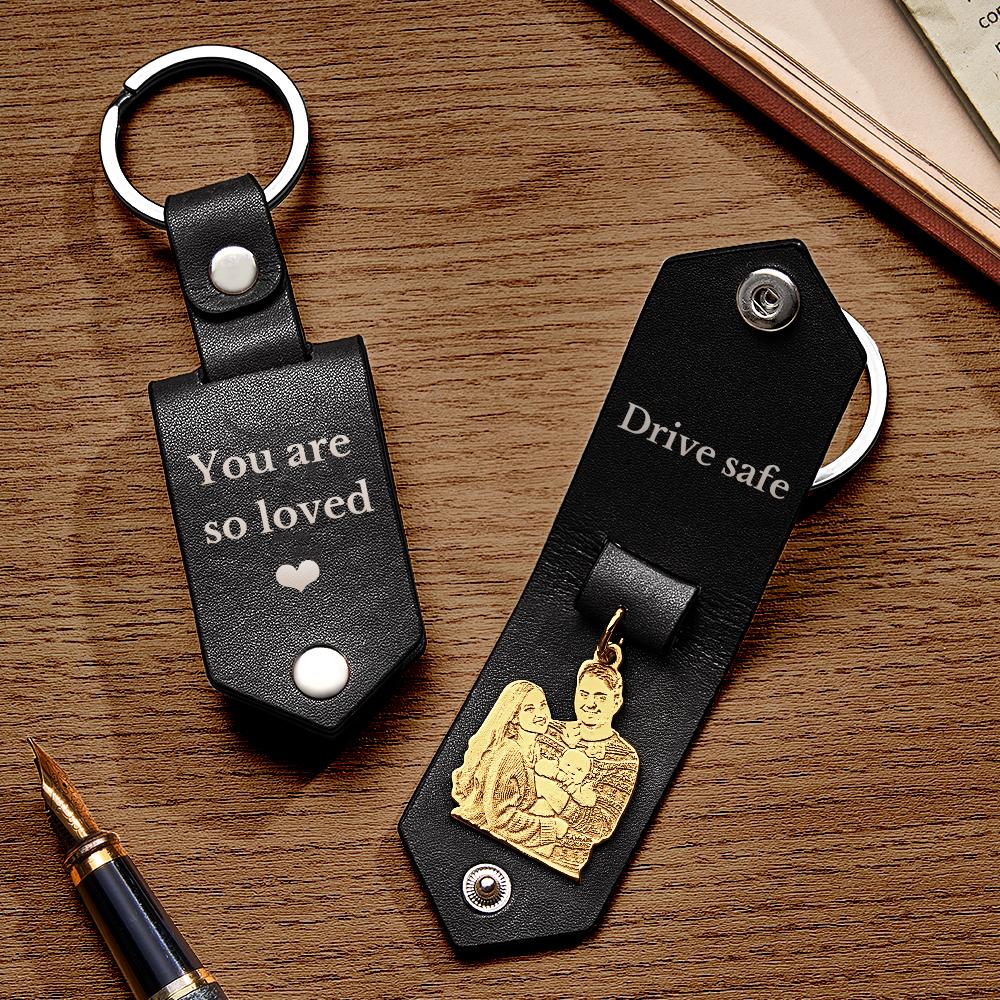 Custom Photo Leather Drive Safe Keychain With Engraved Text Key Ring Annivesary Gifts For Men