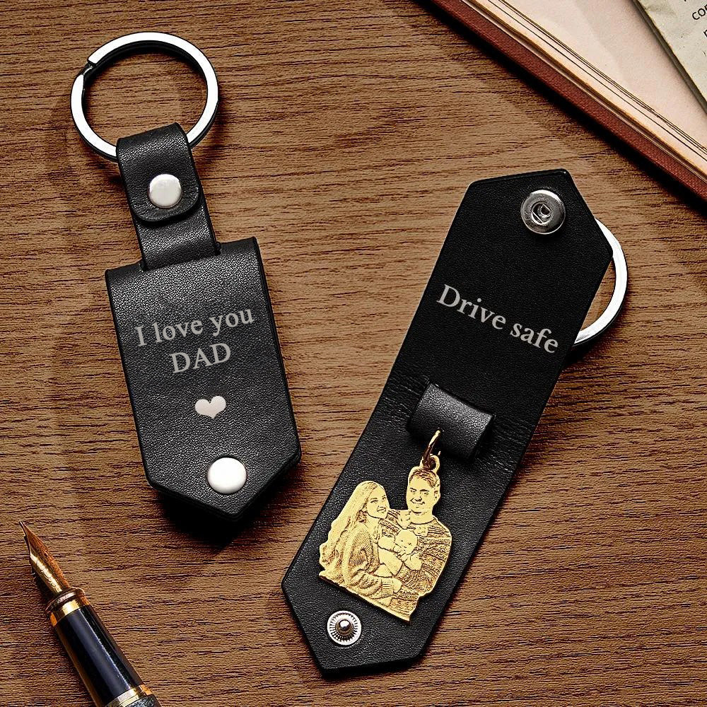 Custom Photo Leather Drive Safe Keychain With Engraved Text Key Ring Annivesary Gifts For Father