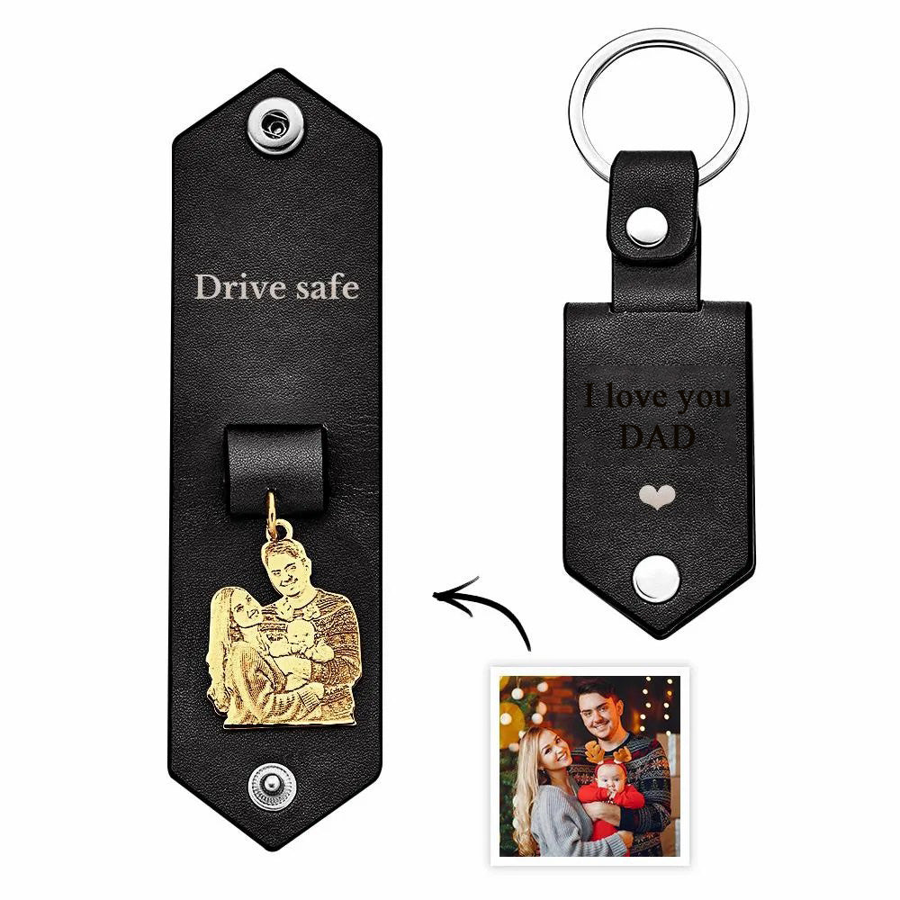 Custom Photo Leather Drive Safe Keychain With Engraved Text Key Ring Annivesary Gifts For Father