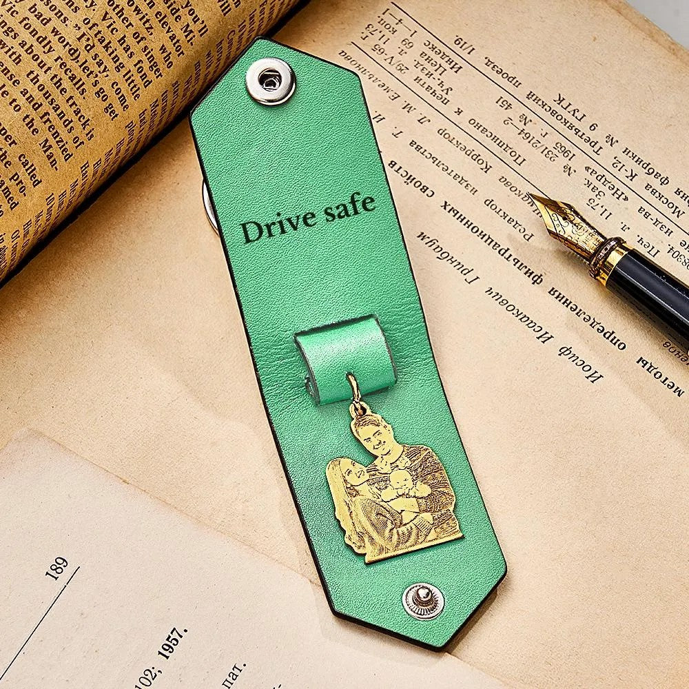 Custom Photo Leather Drive Safe Keychain With Engraved Text Key Ring Annivesary Gifts For Father