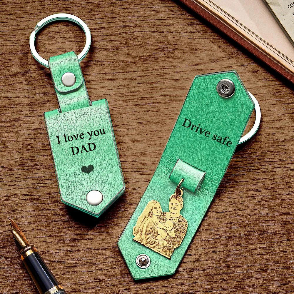 Custom Photo Leather Drive Safe Keychain With Engraved Text Key Ring Annivesary Gifts For Father