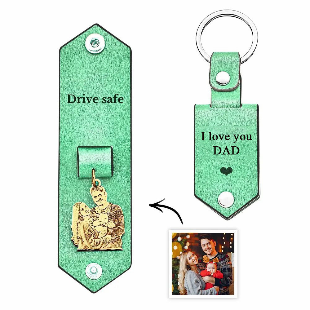 Custom Photo Leather Drive Safe Keychain With Engraved Text Key Ring Annivesary Gifts For Father