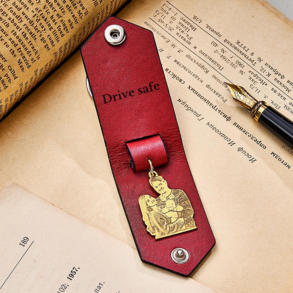 Custom Photo Leather Drive Safe Keychain With Engraved Text Key Ring Annivesary Gifts For Men