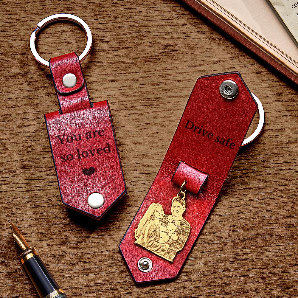 Custom Photo Leather Drive Safe Keychain With Engraved Text Key Ring Annivesary Gifts For Men