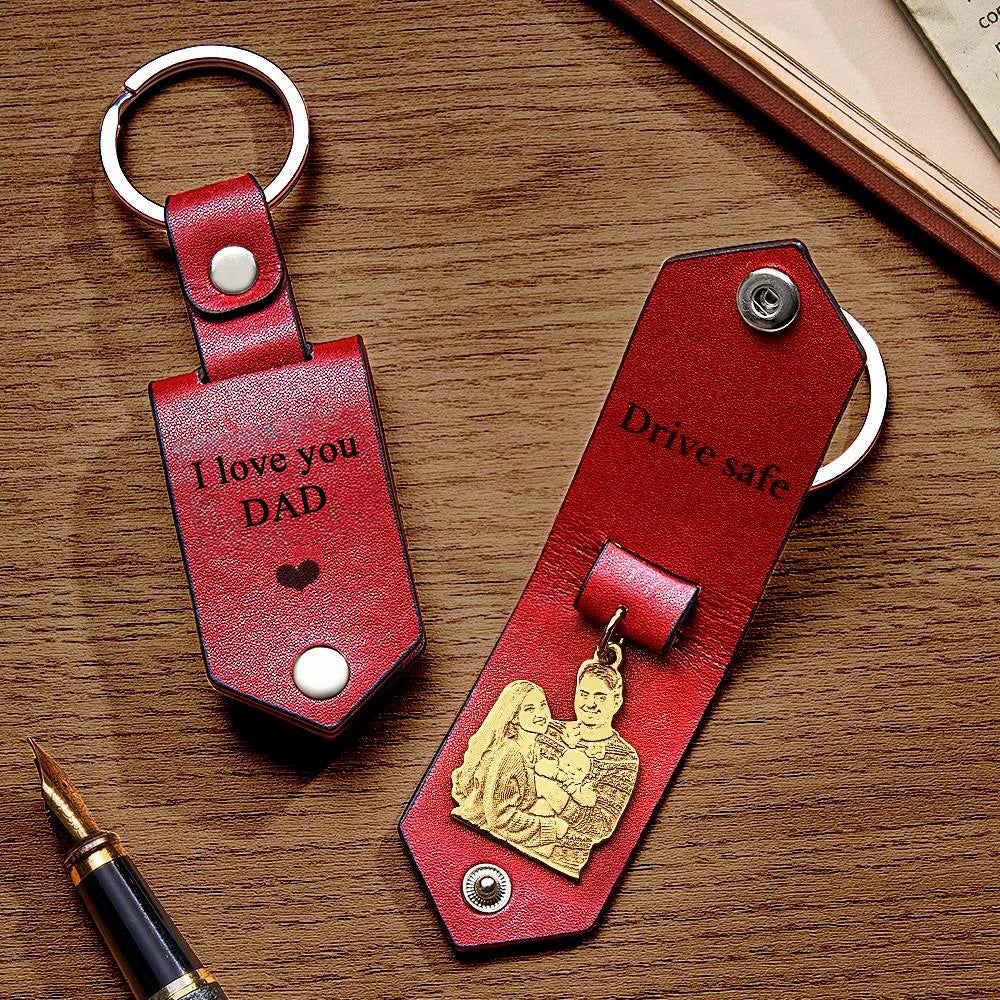 Custom Photo Leather Drive Safe Keychain With Engraved Text Key Ring Annivesary Gifts For Father