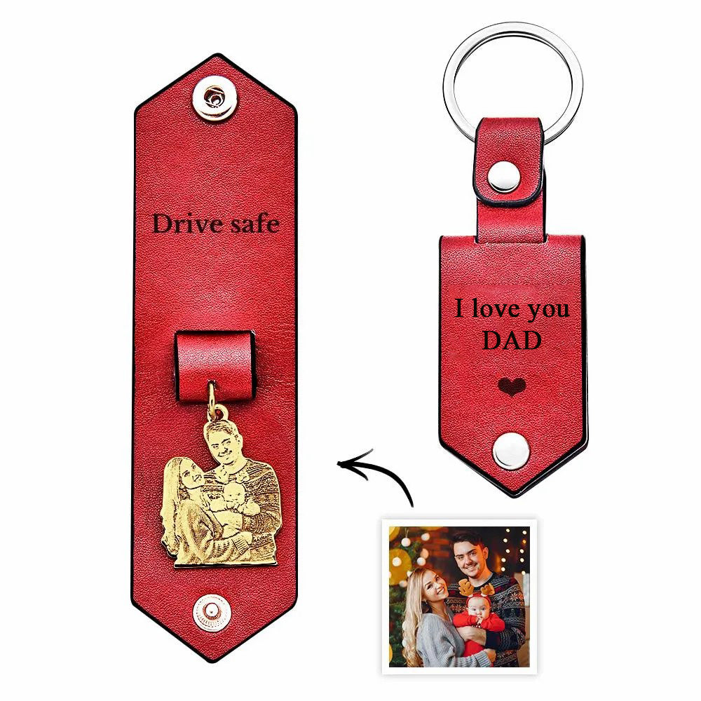 Custom Photo Leather Drive Safe Keychain With Engraved Text Key Ring Annivesary Gifts For Father