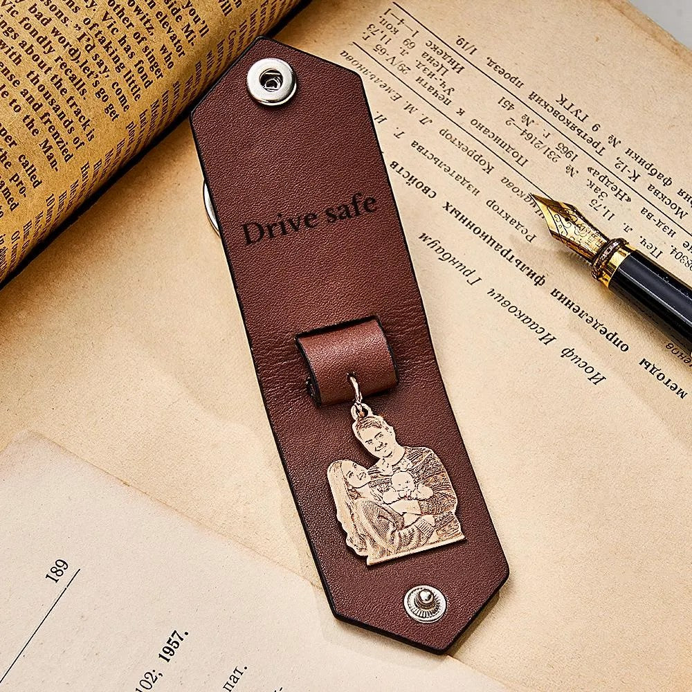 Custom Photo Leather Drive Safe Keychain With Engraved Text Key Ring Annivesary Gifts For Father
