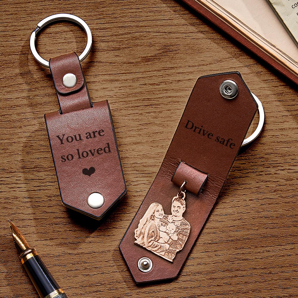 Custom Photo Leather Drive Safe Keychain With Engraved Text Key Ring Annivesary Gifts For Men