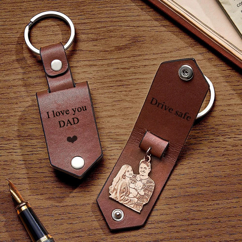 Custom Photo Leather Drive Safe Keychain With Engraved Text Key Ring Annivesary Gifts For Father