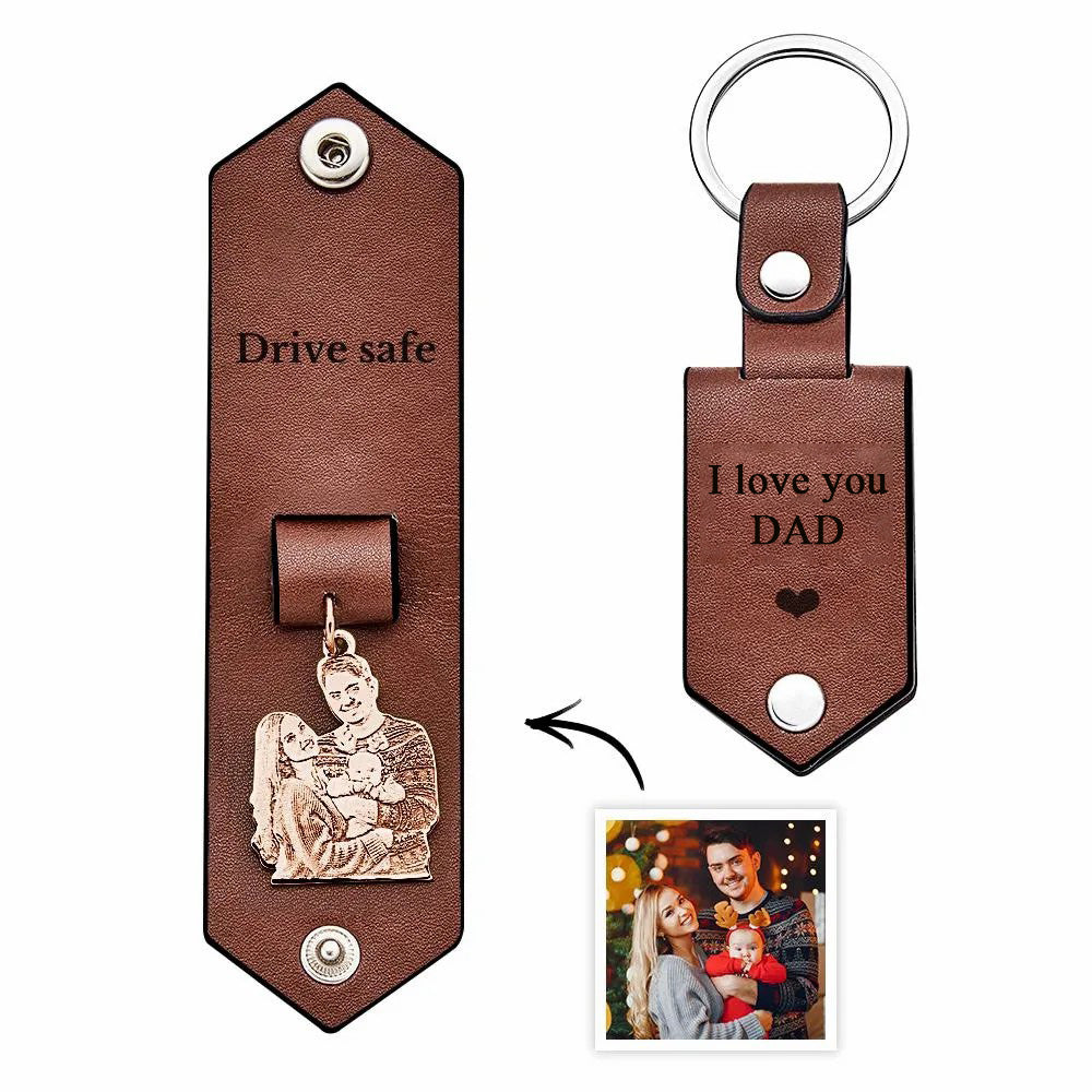 Custom Photo Leather Drive Safe Keychain With Engraved Text Key Ring Annivesary Gifts For Father