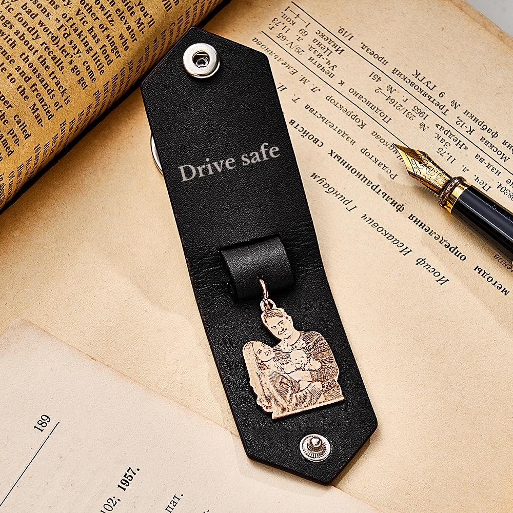 Custom Photo Leather Drive Safe Keychain With Engraved Text Key Ring Annivesary Gifts For Men