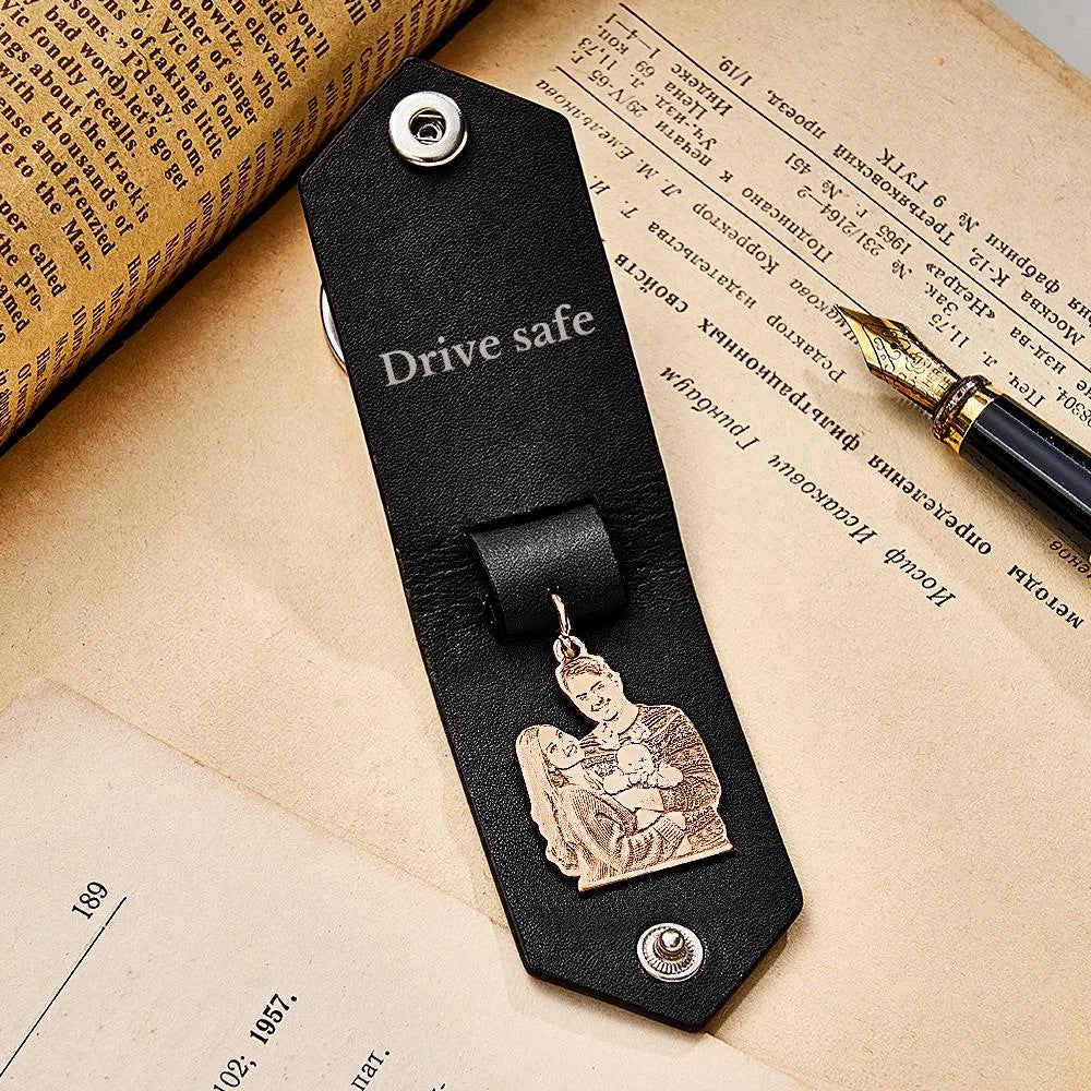 Custom Photo Leather Drive Safe Keychain With Engraved Text Key Ring Annivesary Gifts For Father