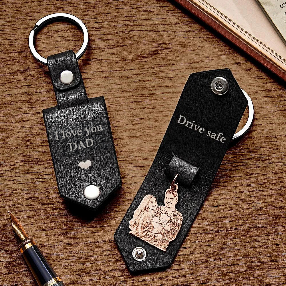 Custom Photo Leather Drive Safe Keychain With Engraved Text Key Ring Annivesary Gifts For Father