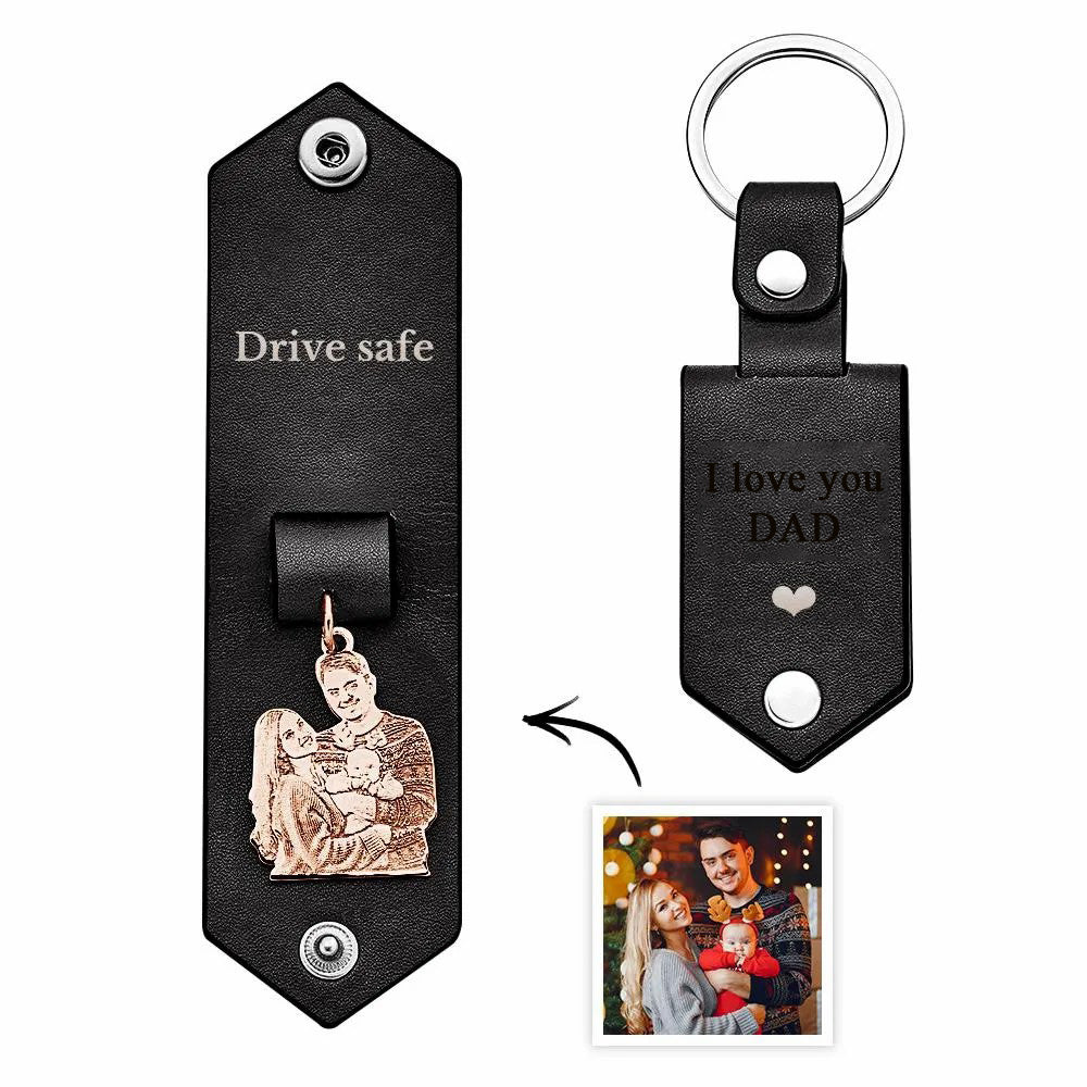Custom Photo Leather Drive Safe Keychain With Engraved Text Key Ring Annivesary Gifts For Father