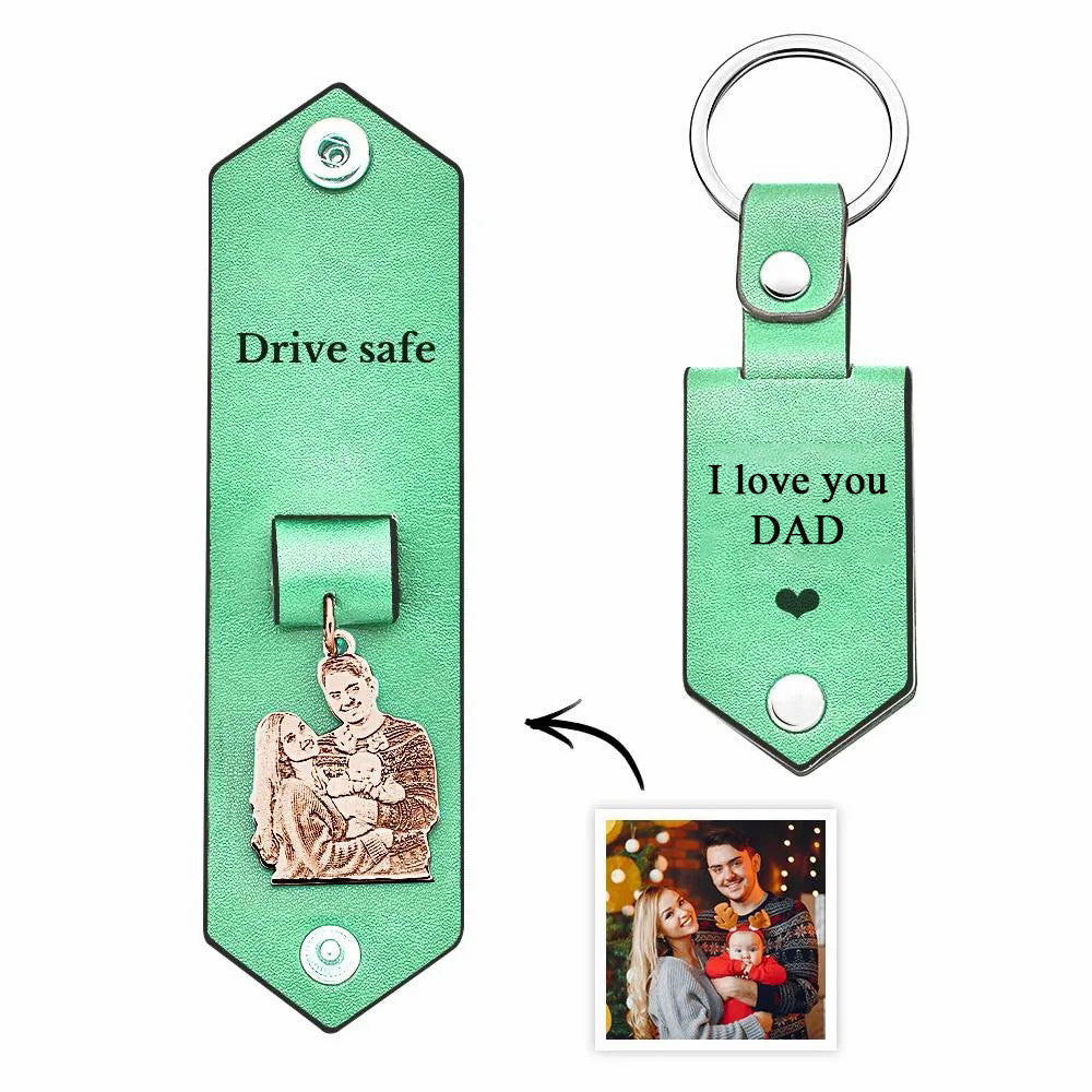 Custom Photo Leather Drive Safe Keychain With Engraved Text Key Ring Annivesary Gifts For Father
