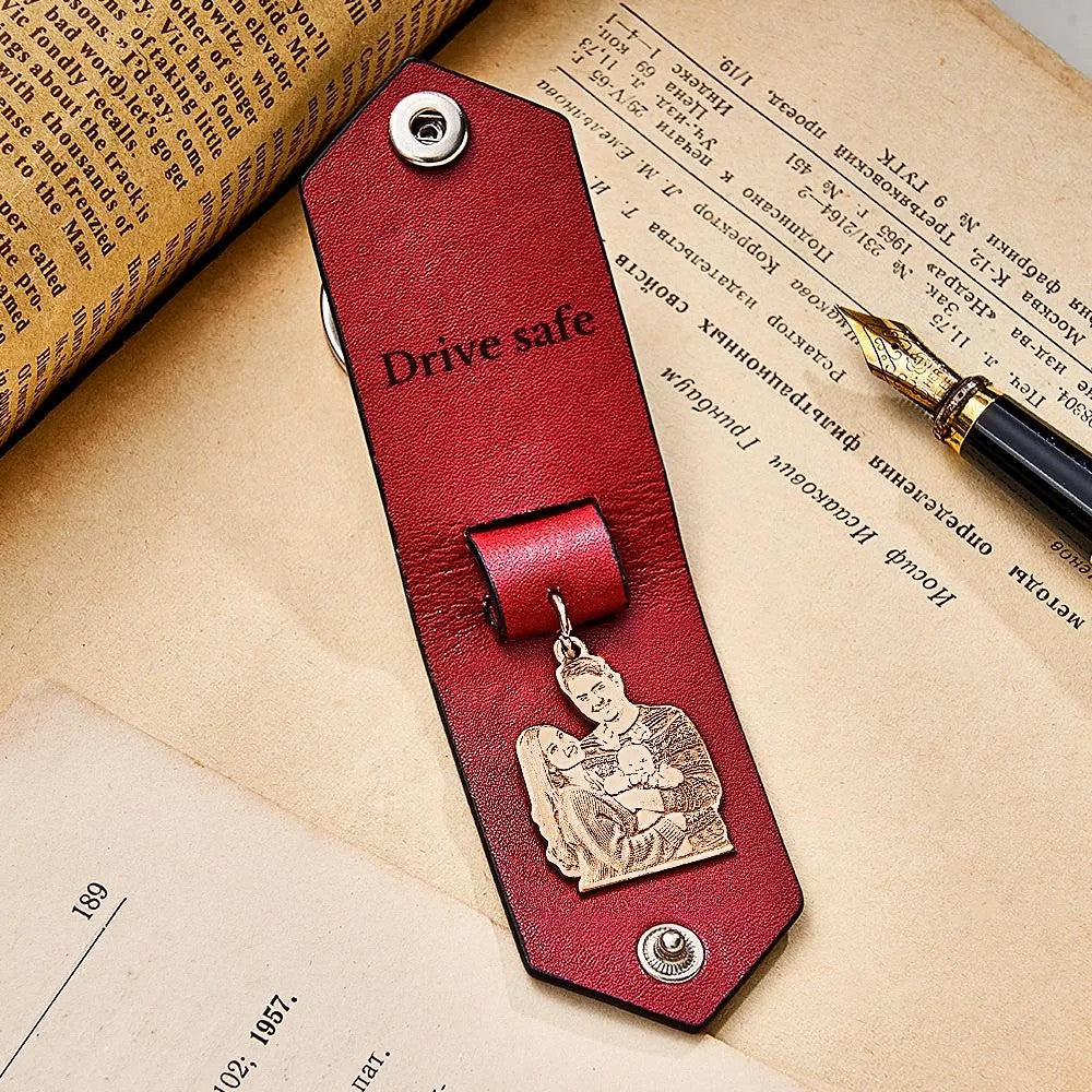 Custom Photo Leather Drive Safe Keychain With Engraved Text Key Ring Annivesary Gifts For Father