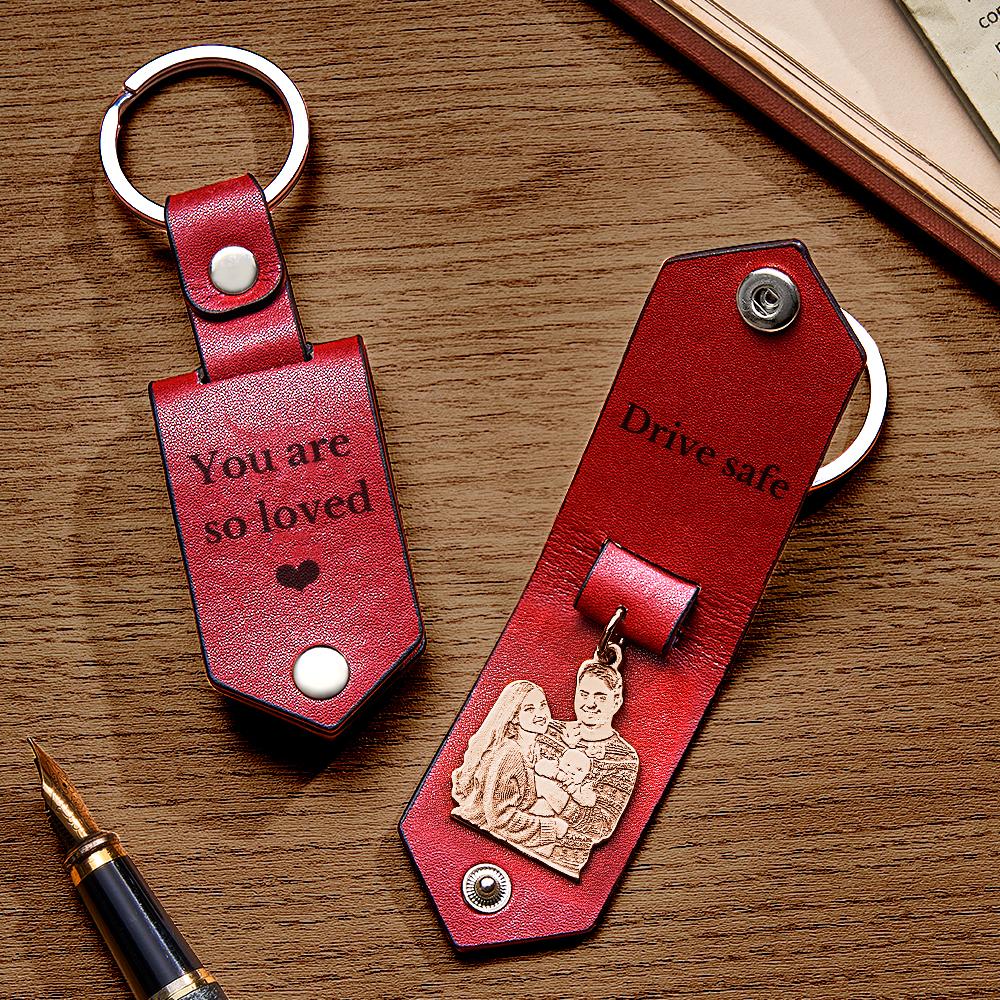 Custom Photo Leather Drive Safe Keychain With Engraved Text Key Ring Annivesary Gifts For Men
