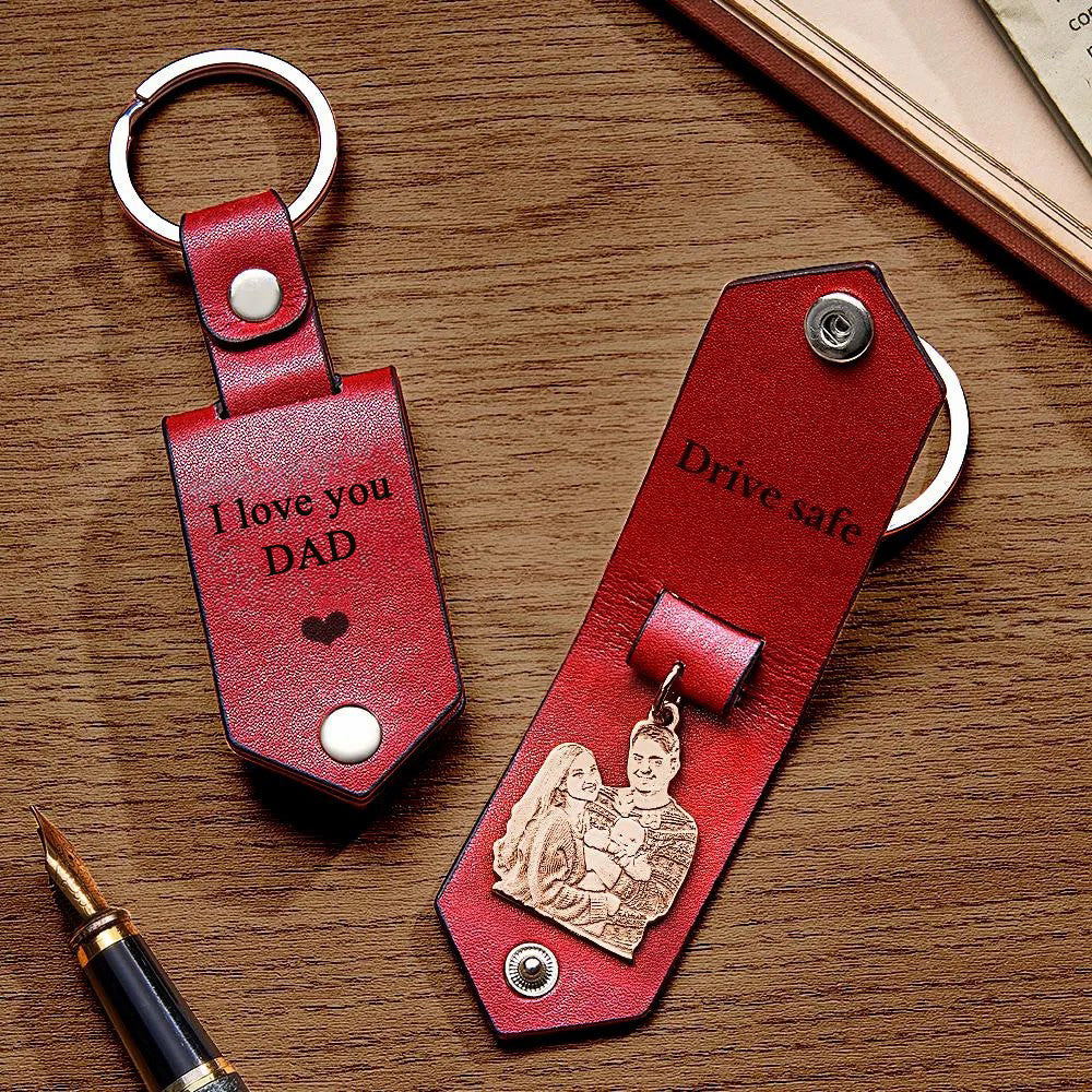 Custom Photo Leather Drive Safe Keychain With Engraved Text Key Ring Annivesary Gifts For Father