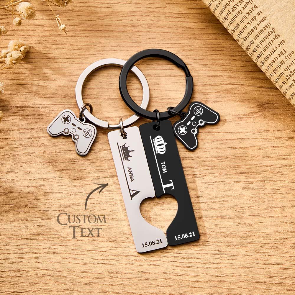 2 Personalized Couple Keychains Engraved Name and Date with Gamepad Charm Keyrings