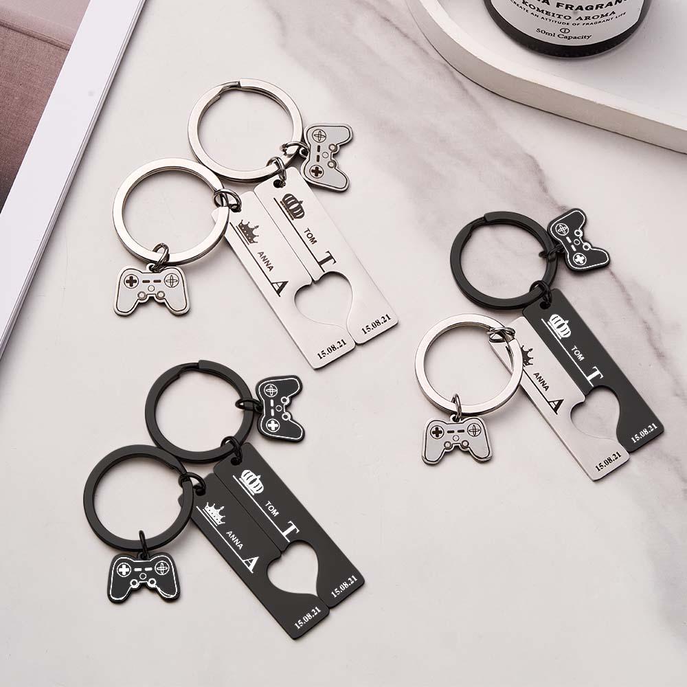 2 Personalized Couple Keychains Engraved Name and Date with Gamepad Charm Keyrings