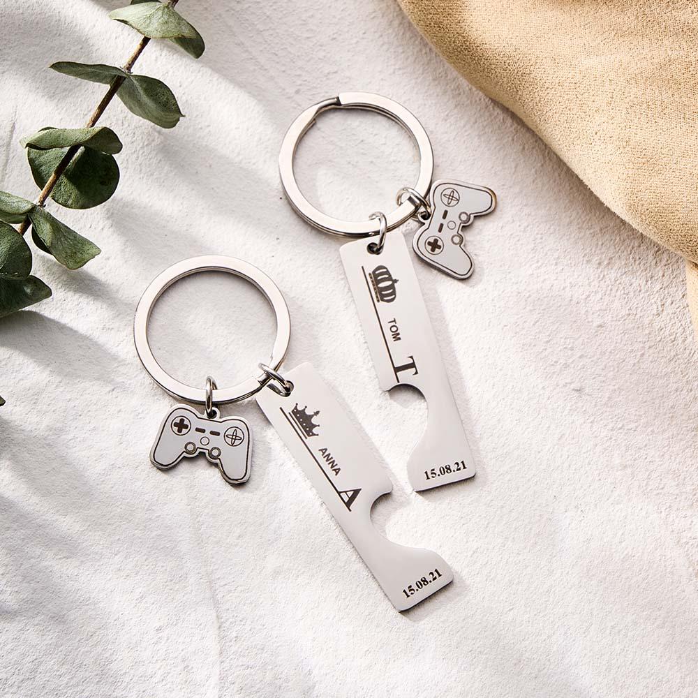 2 Personalized Couple Keychains Engraved Name and Date with Gamepad Charm Keyrings