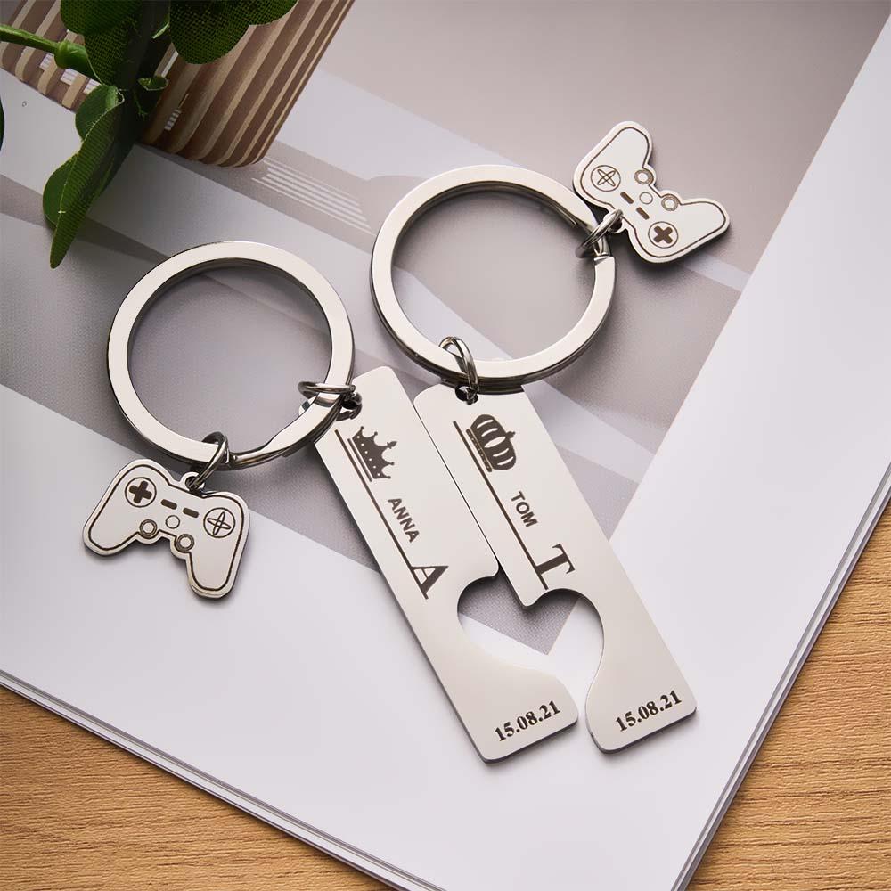 2 Personalized Couple Keychains Engraved Name and Date with Gamepad Charm Keyrings