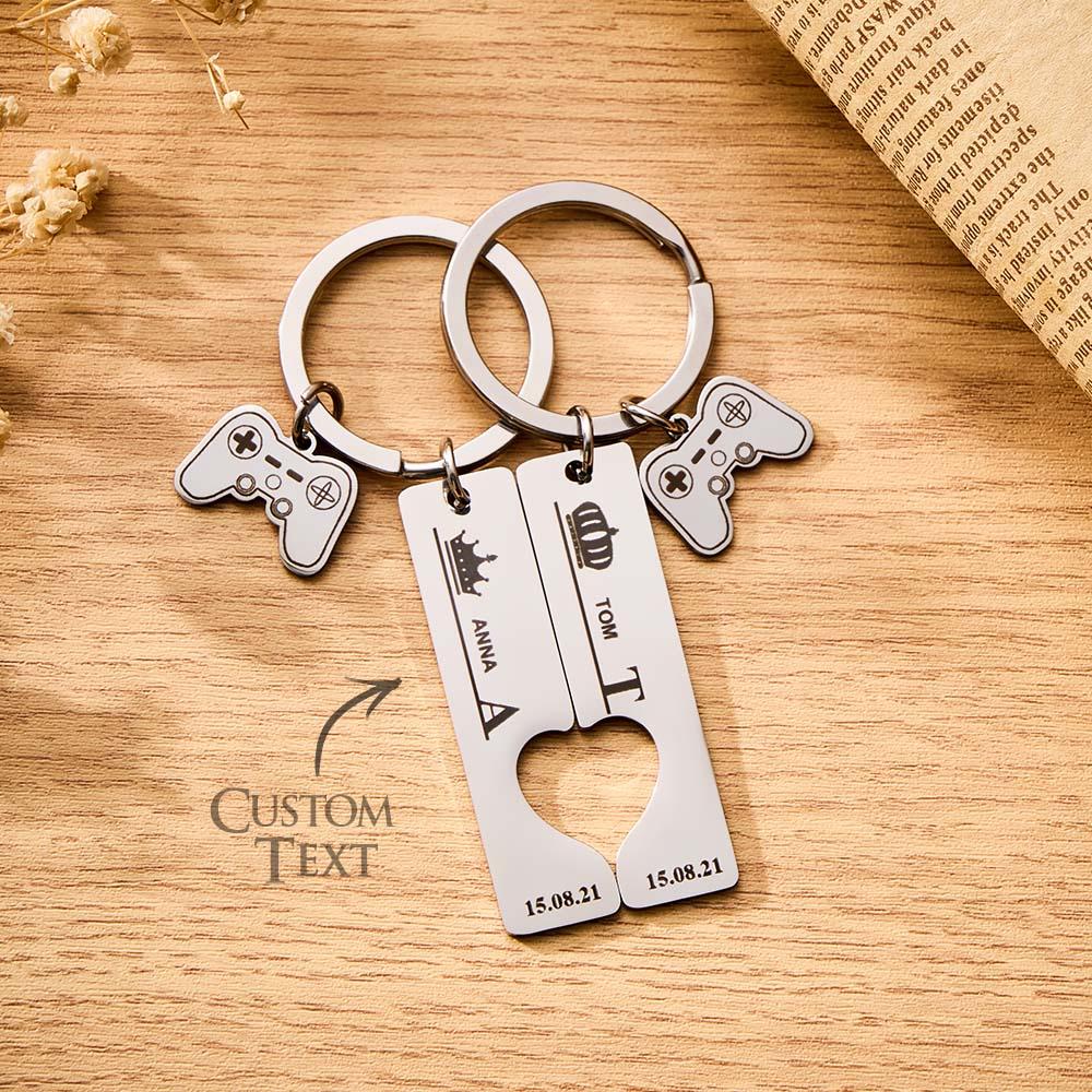 2 Personalized Couple Keychains Engraved Name and Date with Gamepad Charm Keyrings
