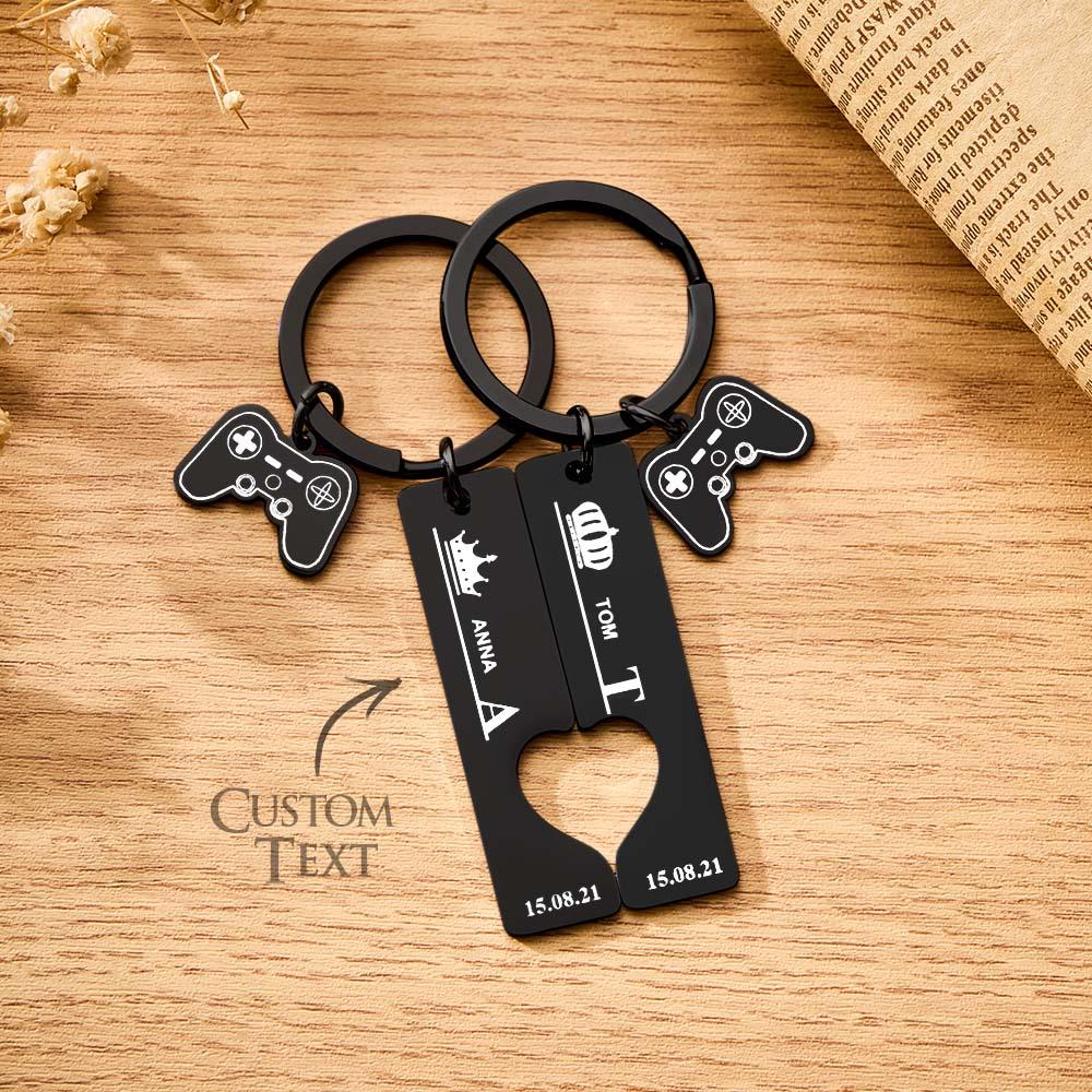 2 Personalized Couple Keychains Engraved Name and Date with Gamepad Charm Keyrings