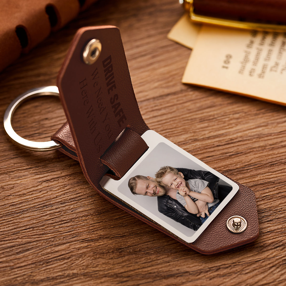 Custom Photo Dad Drive Safe With Kids Names Personalized Leather Photo Keychain Gift for Dad