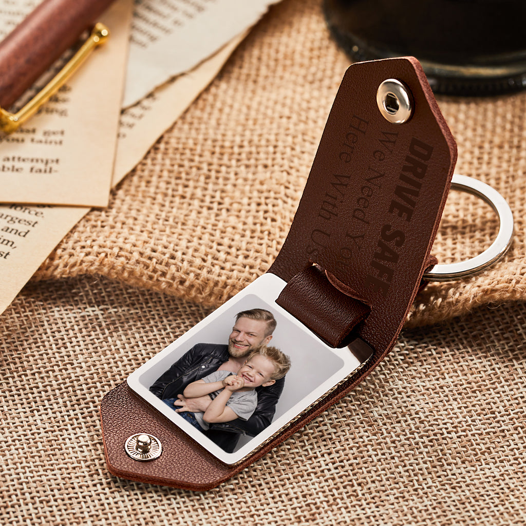 Custom Photo Dad Drive Safe With Kids Names Personalized Leather Photo Keychain Gift for Dad