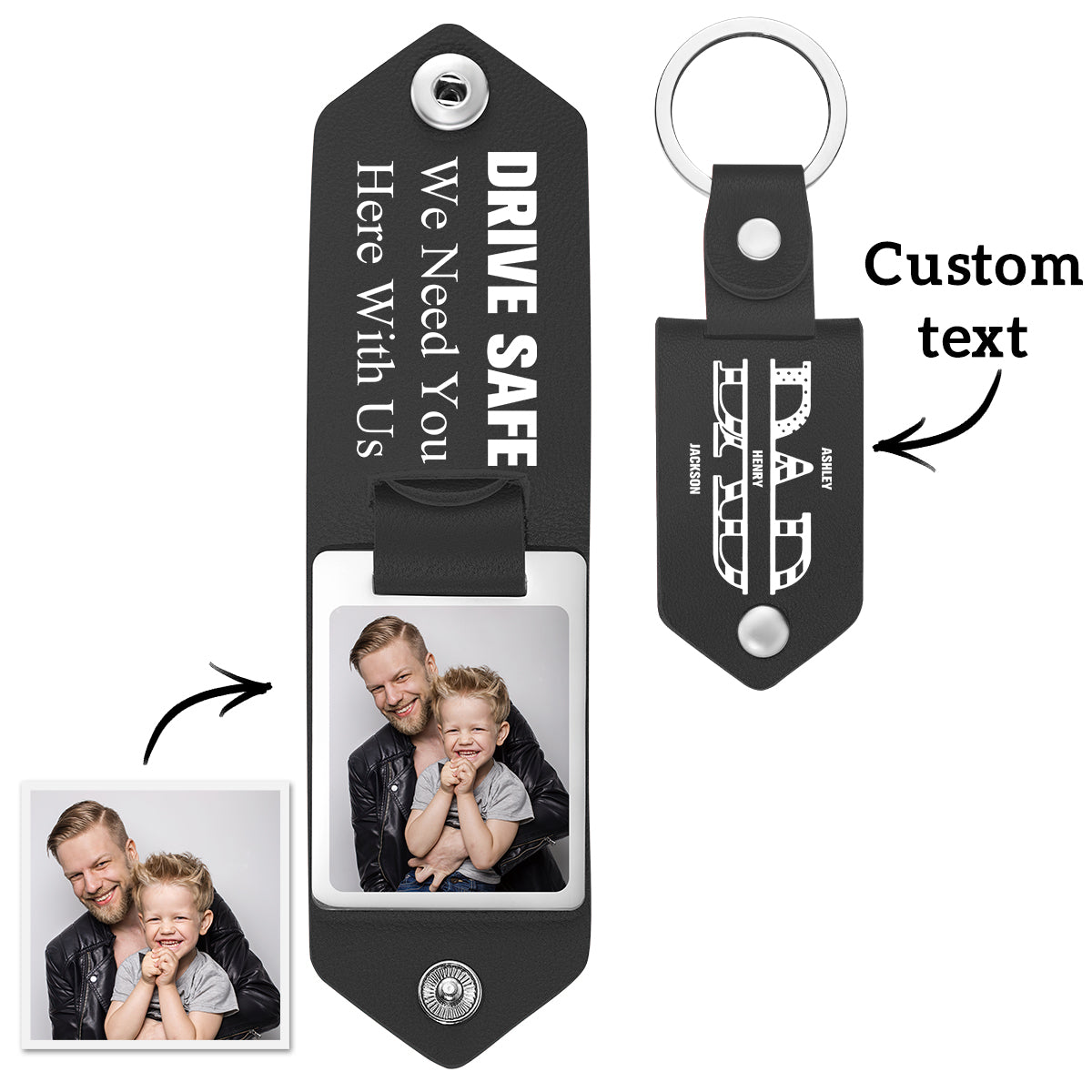Custom Photo Dad Drive Safe With Kids Names Personalized Leather Photo Keychain Gift for Dad