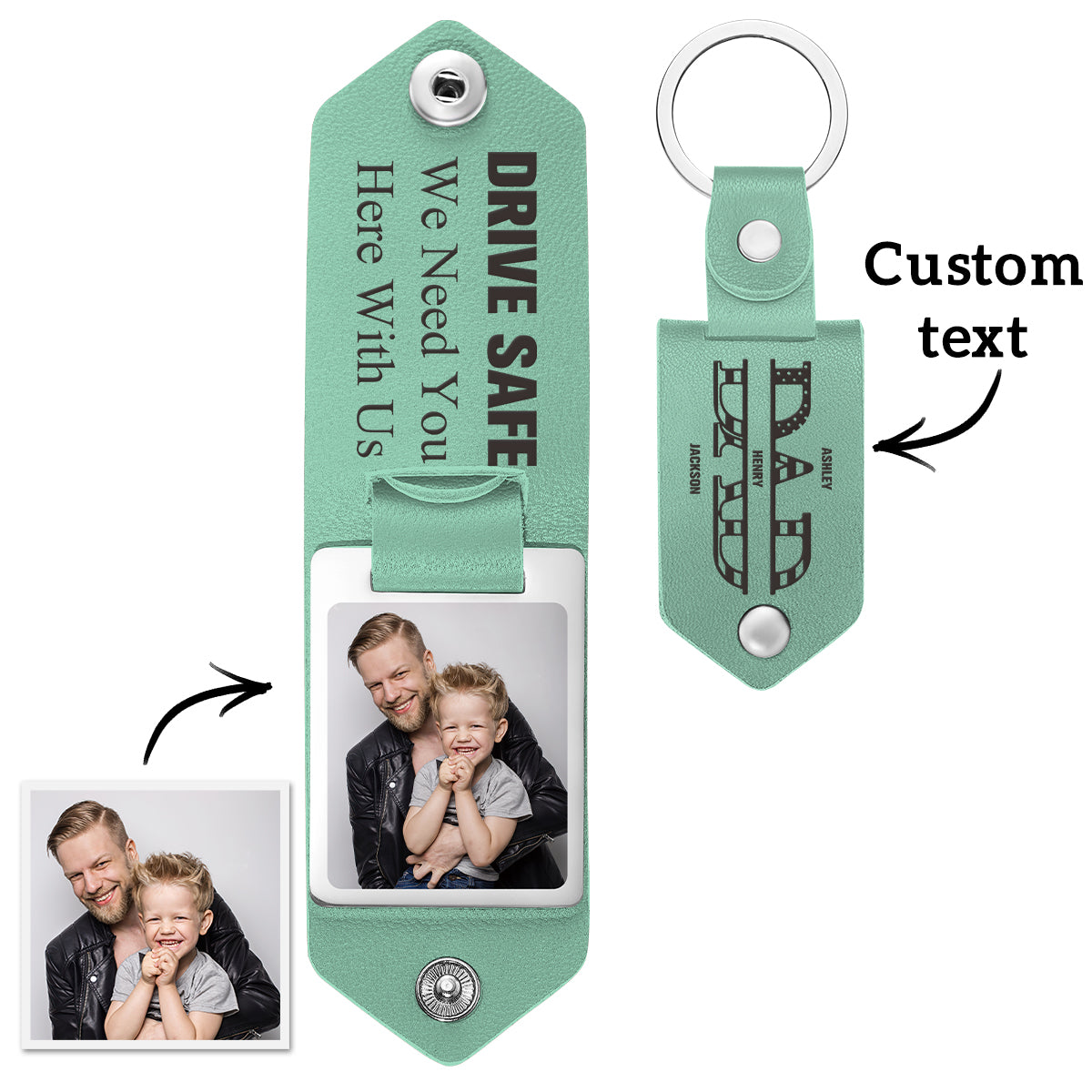 Custom Photo Dad Drive Safe With Kids Names Personalized Leather Photo Keychain Gift for Dad