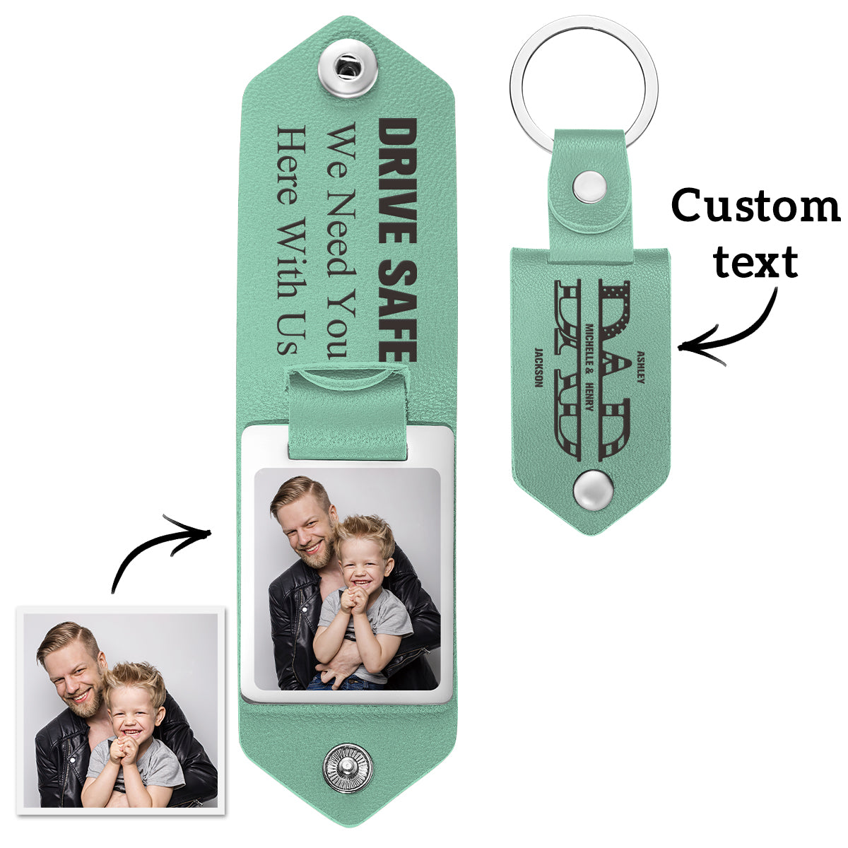 Custom Photo Dad Drive Safe With Kids Names Personalized Leather Photo Keychain Gift for Dad