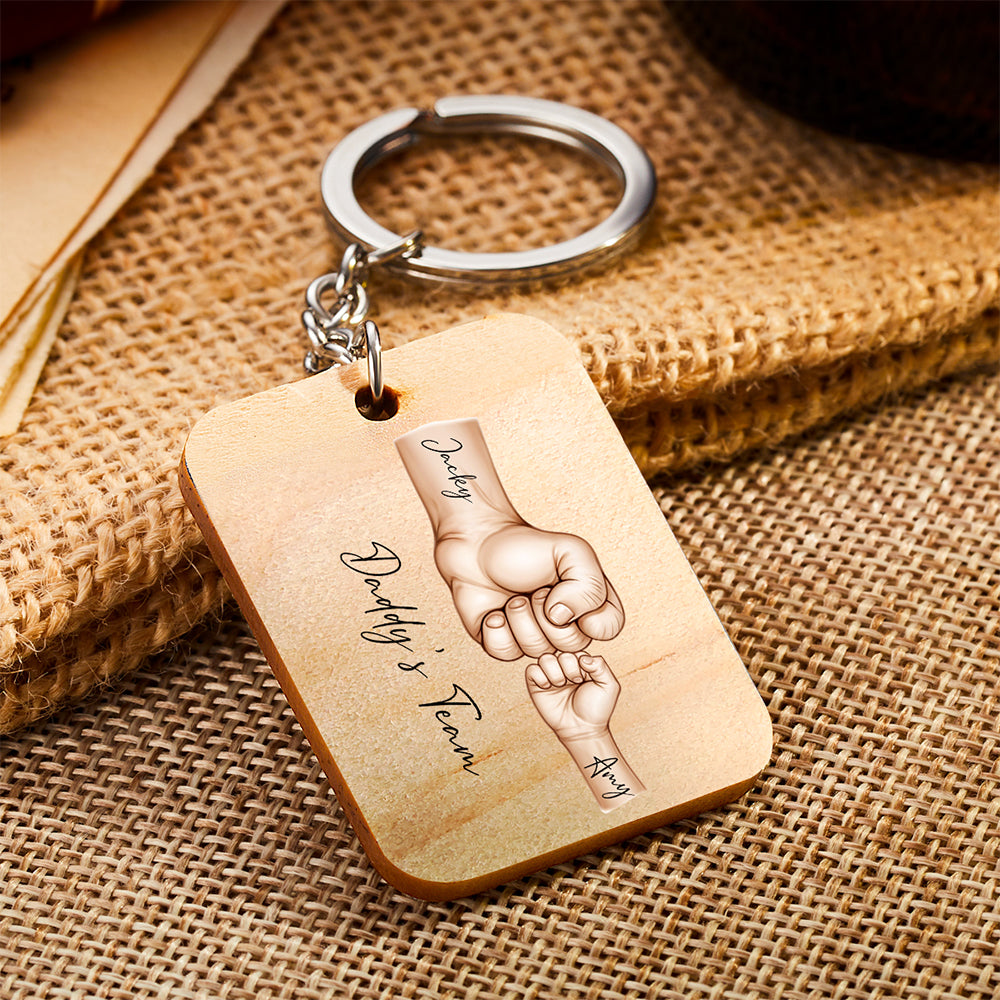 Custom Keychain Daddy's Team Fist Bump Personalized Wooden Keychain Father's Day Gift For Dad, For Grandpa, For Husband