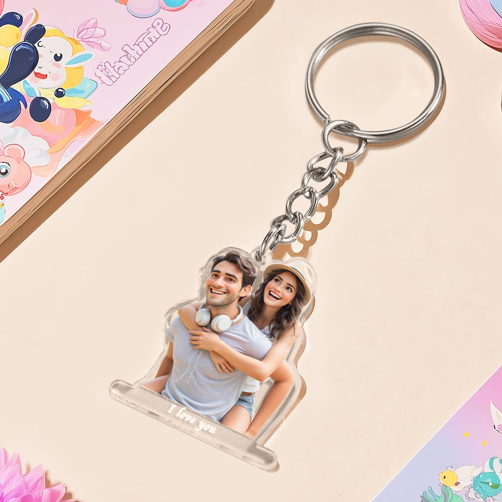 Custom Cartoon Style Photo Acrylic Keychain With Text Unique Gifts For Couples