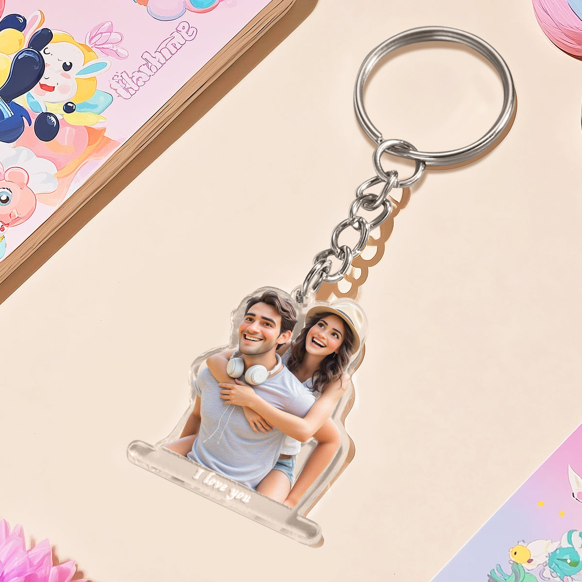 Custom Cartoon Style Photo Acrylic Keychain With Text Unique Gifts For Couples
