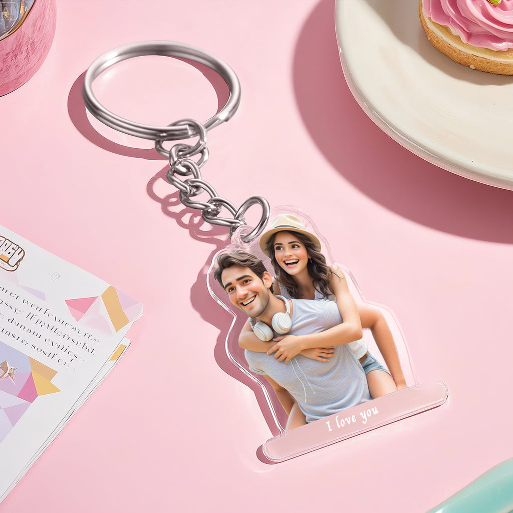 Custom Cartoon Style Photo Acrylic Keychain With Text Unique Gifts For Couples