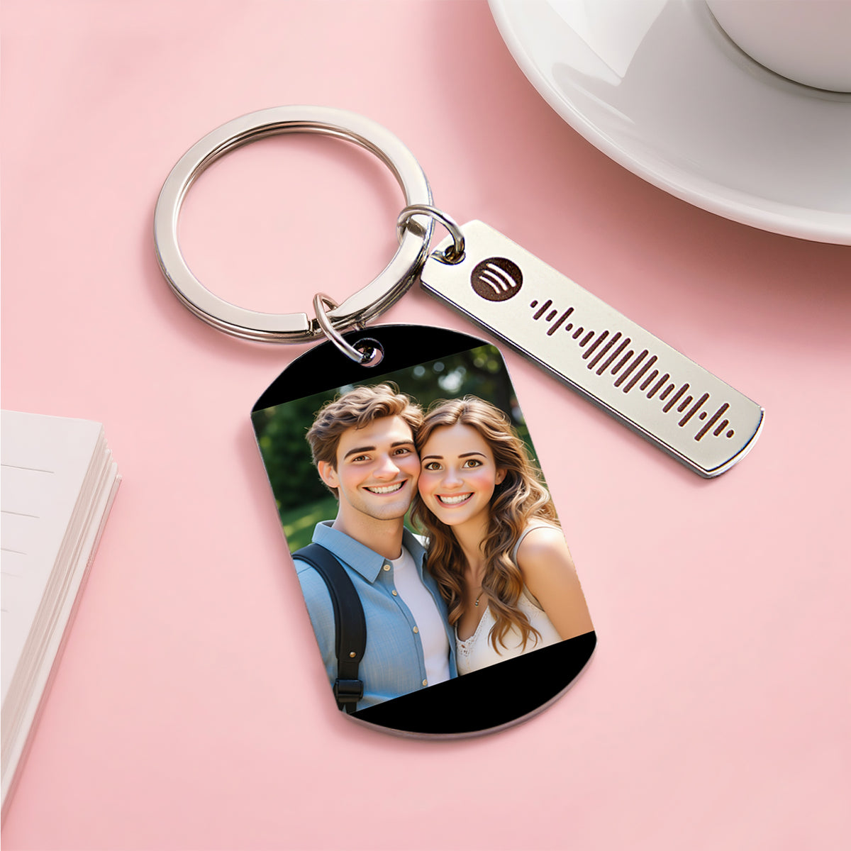 Personalized Spotify Cartoon Style Calendar Keychain Custom Picture & Music Song Code Couples Photo Keyring Gifts for Valentine's Day