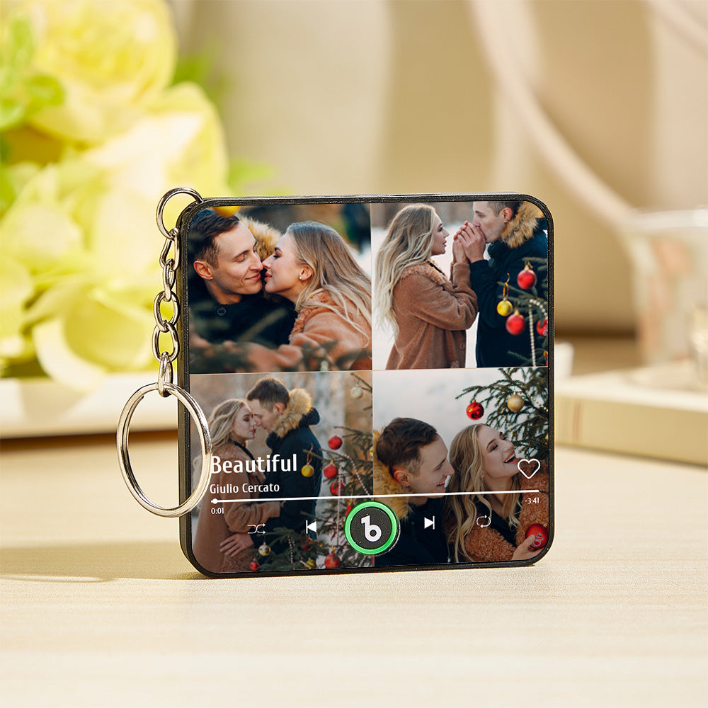 Personalized 4 Photo Music KeyChain Music Box Bag Charm That Plays Music Without Cell Phone Anniversary Gifts