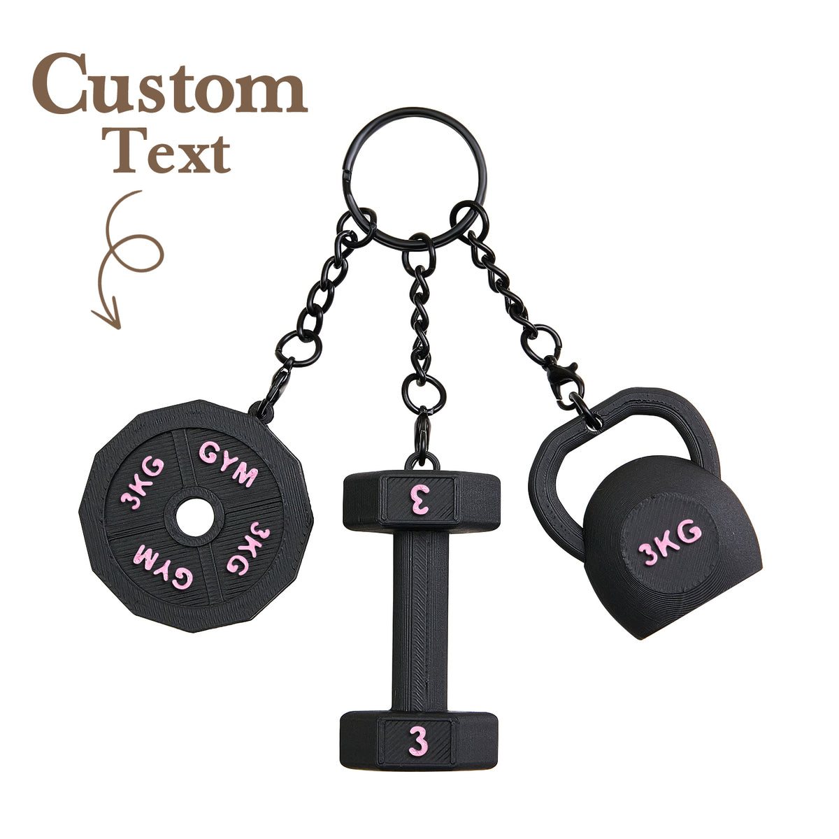 Personalized 3D Printed Dumbbell Kettlebell Weight Plate Mix Bag Charm Keychain with Name Birthday Gym Sports Gift for Fitness Enthusiasts