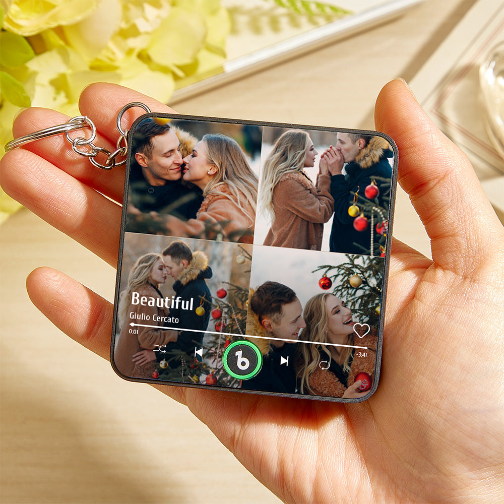 Personalized 4 Photo Music KeyChain Music Box Bag Charm That Plays Music Without Cell Phone Anniversary Gifts