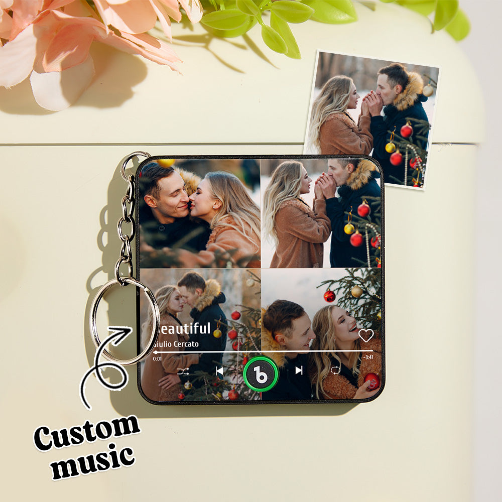 Personalized 4 Photo Music KeyChain Music Box Bag Charm That Plays Music Without Cell Phone Anniversary Gifts