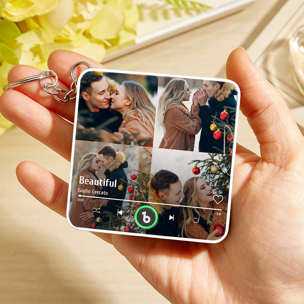 Personalized 4 Photo Music KeyChain Music Box Bag Charm That Plays Music Without Cell Phone Anniversary Gifts