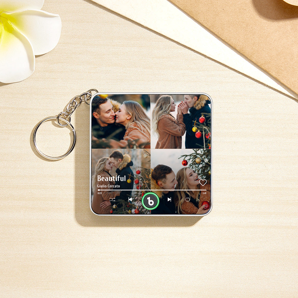 Personalized 4 Photo Music KeyChain Music Box Bag Charm That Plays Music Without Cell Phone Anniversary Gifts